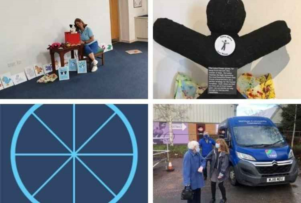 Top left (clockwise): Parental Minds, Open Arms East Devon, TRIP Community Transport and Mill Water School Top left (clockwise): Parental Minds, Open Arms East Devon, TRIP Community Transport and Mill Water School
