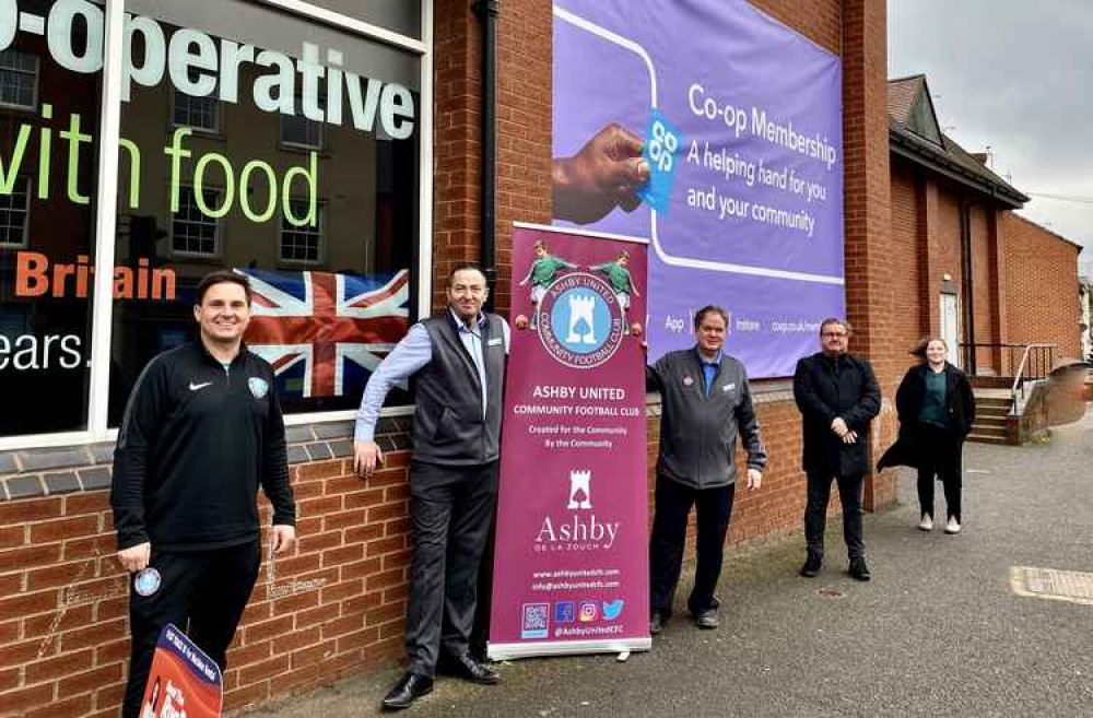 (l-r) Ashby Untied coach Alex Clarke, Ashby Co-op store manager Richard Walton, Moira Co-op store manager David Canner, Ashby United chairman Murrae Blair-Park, Ashby Co-op Member Pioneer Zoe Richardson