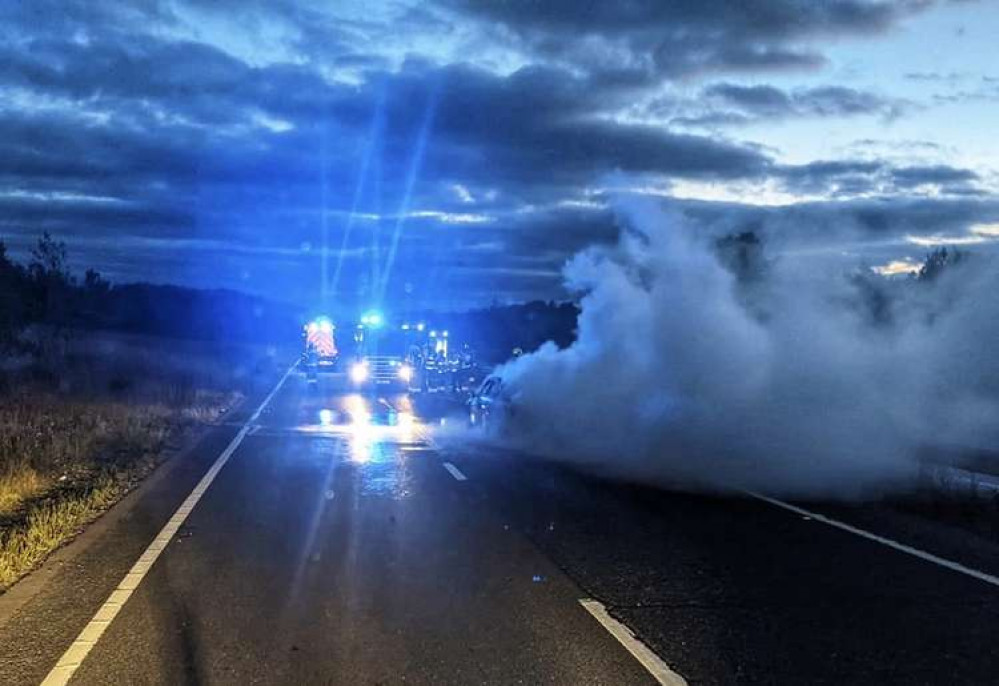 The car was fully ablaze on the dual carriageway. Photo: Ashby Fire Station Facebook page The car was fully ablaze on the dual carriageway. Photo: Ashby Fire Station Facebook page