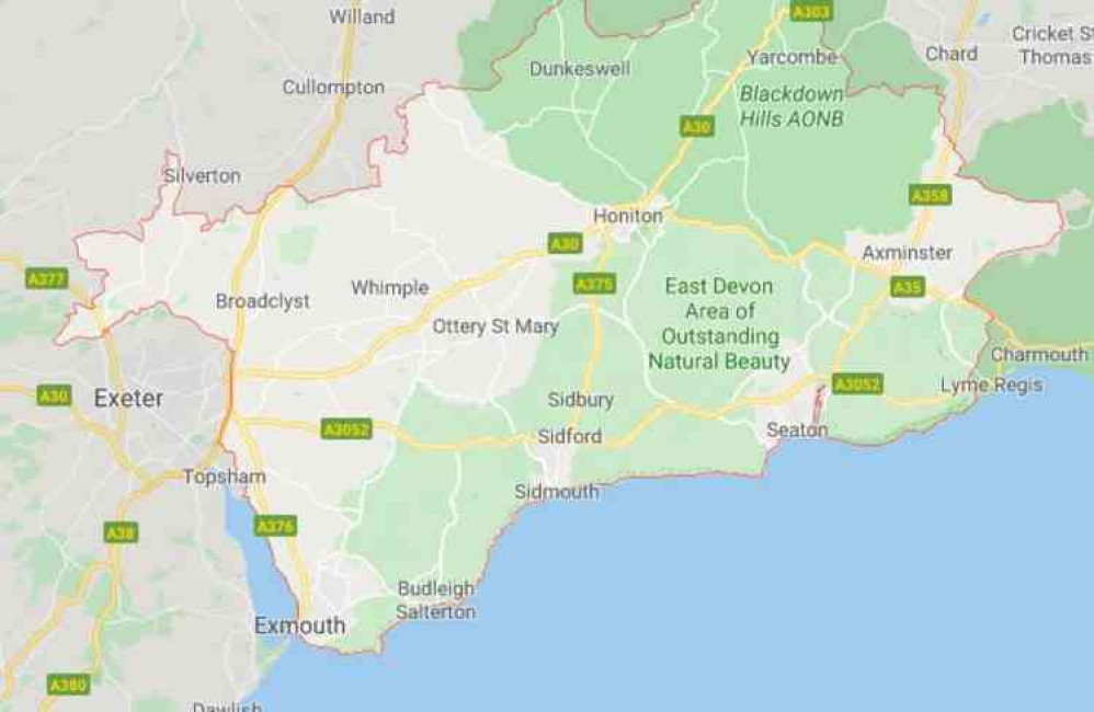 A map of East Devon. Image courtesy of Google. A map of East Devon. Image courtesy of Google.