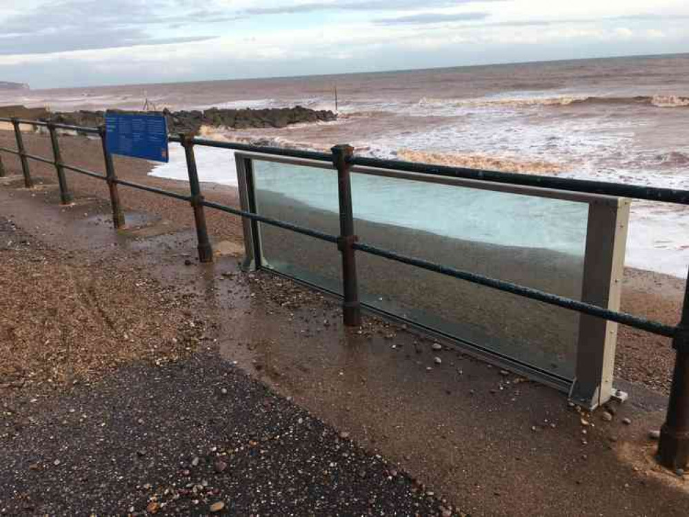 The glass sea wall on Sidmouth seafront during Storm Dennis. Image courtesy of Daniel Clark.