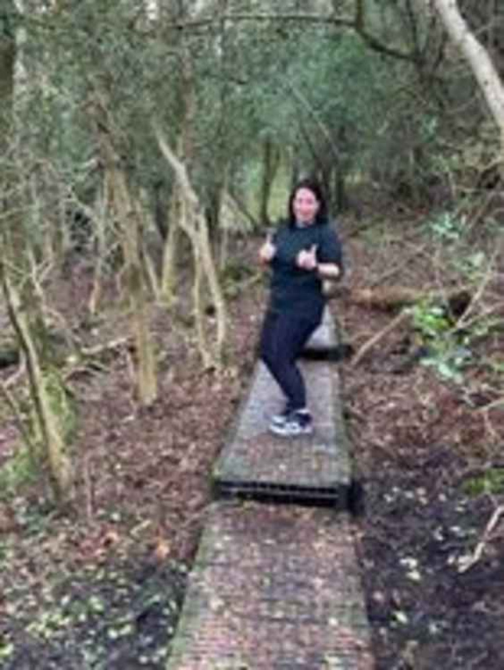 Jenny Kay on the boardwalk through Mincombe Woods