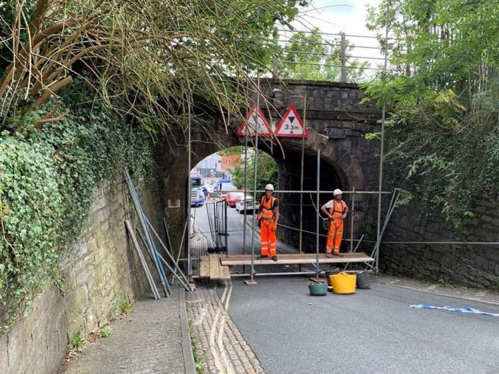 Scaffolding on bridge as repair work begins