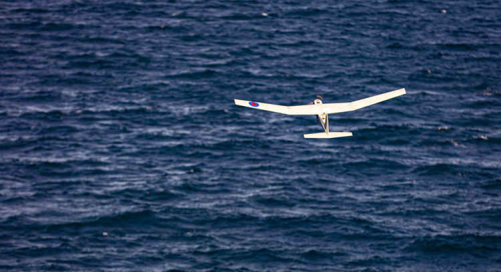 A puma drone flies over the channel. Credit: Royal Navy/LPhot Alex Ceolin.