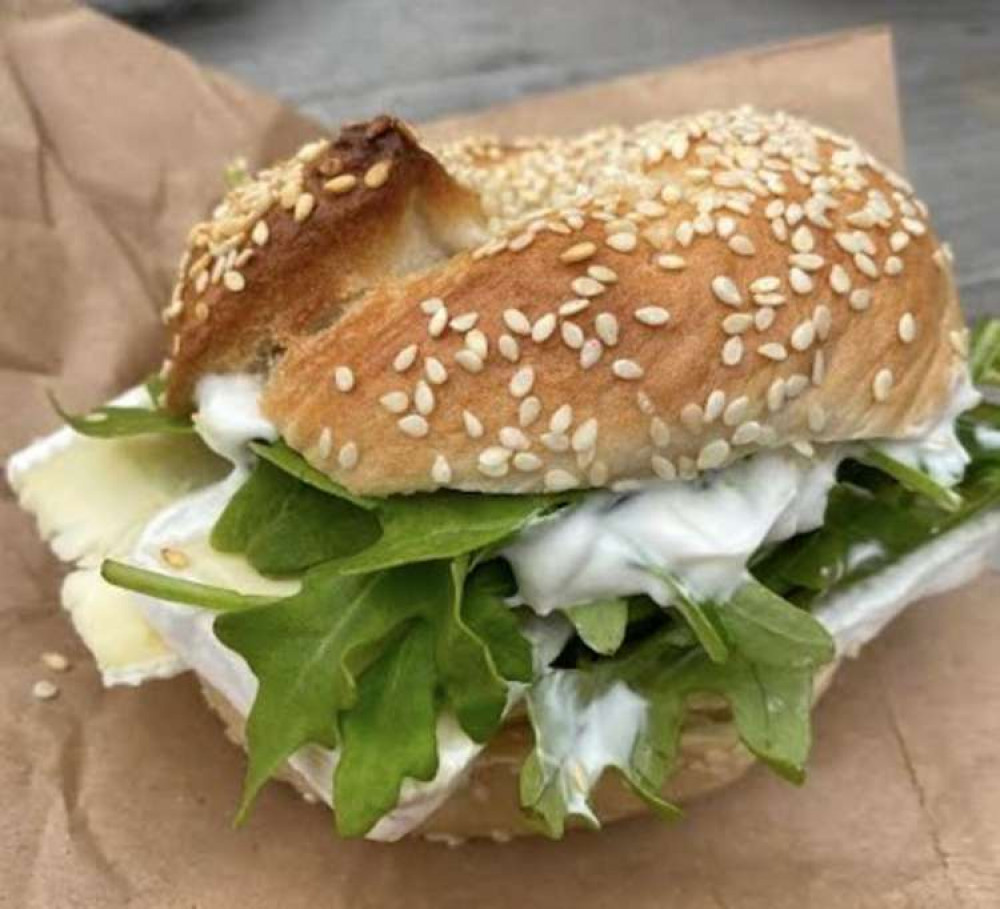 Brie, pesto, mayo and rocket bagel.