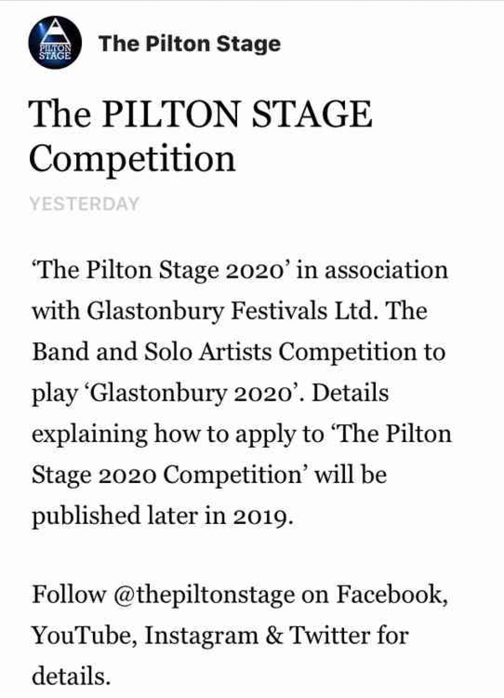 Follow The Pilton Stage on Facebook for more details: https://www.facebook.com/thepiltonstage/