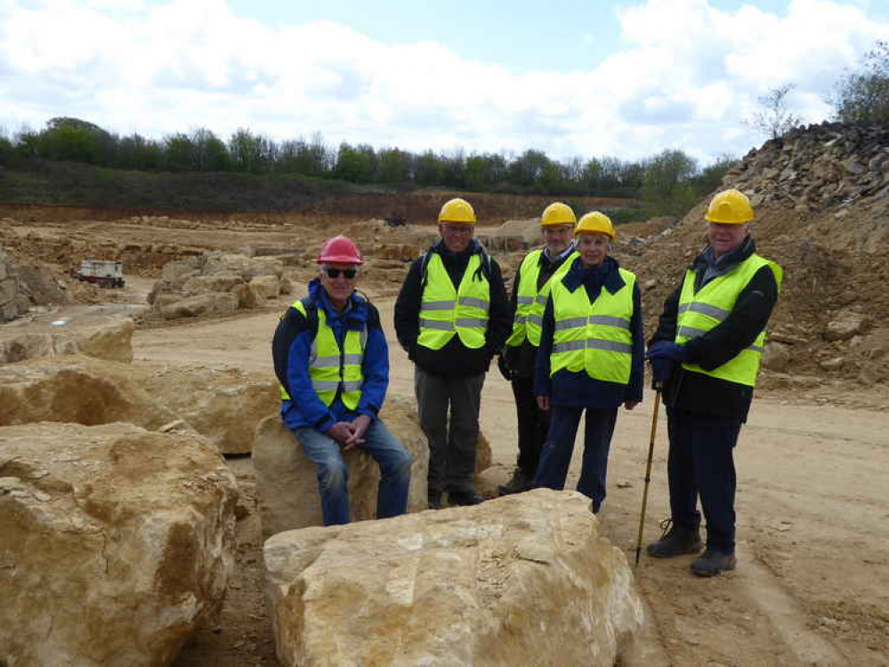 The Covid-secure group of six with Doulting stone blocks in the foreground, the quarry in the background and, just visible on the left hand side, the huge chain saw used to cut out some of the blocks The Covid-secure group of six with Doulting stone blocks in the foreground, the quarry in the background and, just visible on the left hand side, the huge chain saw used to cut out some of the blocks