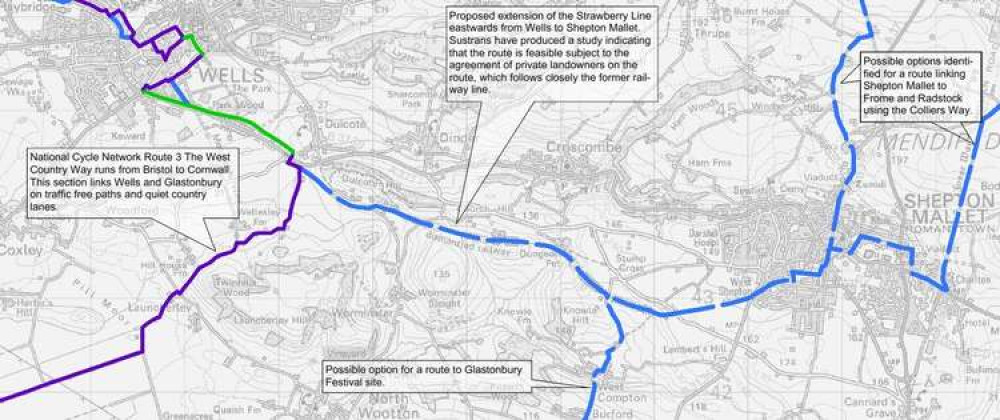 The proposed new stretch of the Strawberry Line between Wells and Shepton Mallet (Photo: The Strawberry Lane and Ordnance Survey)