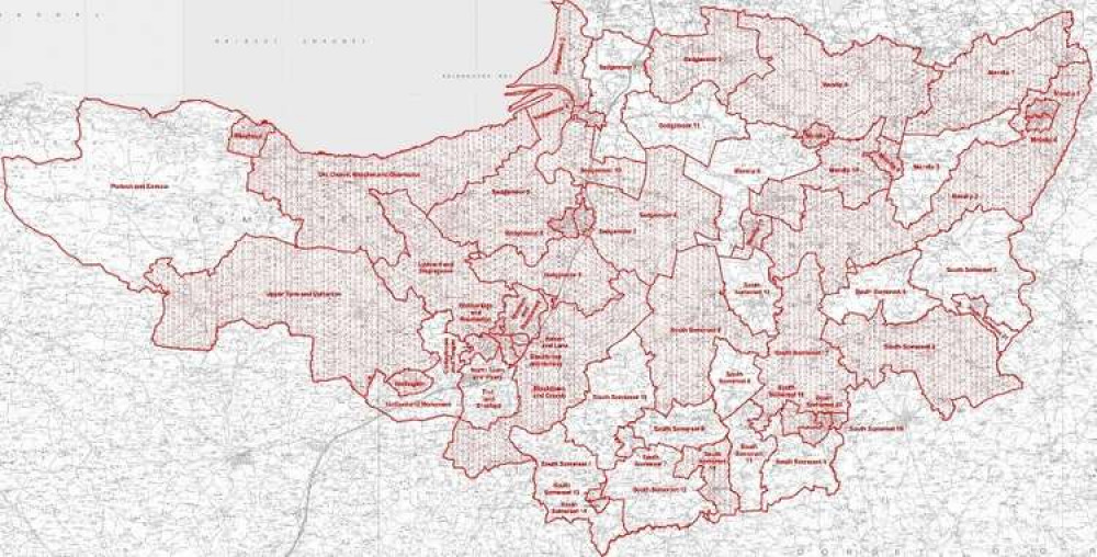 Option 2b for proposed electoral map for new Somerset unitary council (85 councillors in single- and multi-member wards, with single-member wards being darkly shaded) (Photo: Somerset County Council)