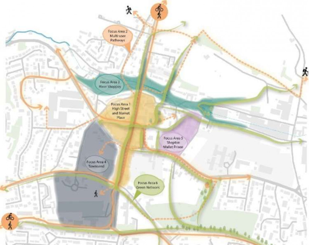 Possible focuses of the Shepton Mallet regeneration masterplan (Photo: LUC)