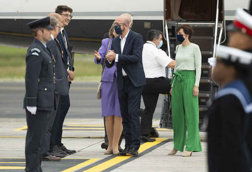 President of the European Council Charles Michel and his partner Amélie Derbaudrenghien arrive at Cornwall Airport Newquay ahead of the G7 summit in Cornwall. Credit: Doug Peters/G7 Cornwall.