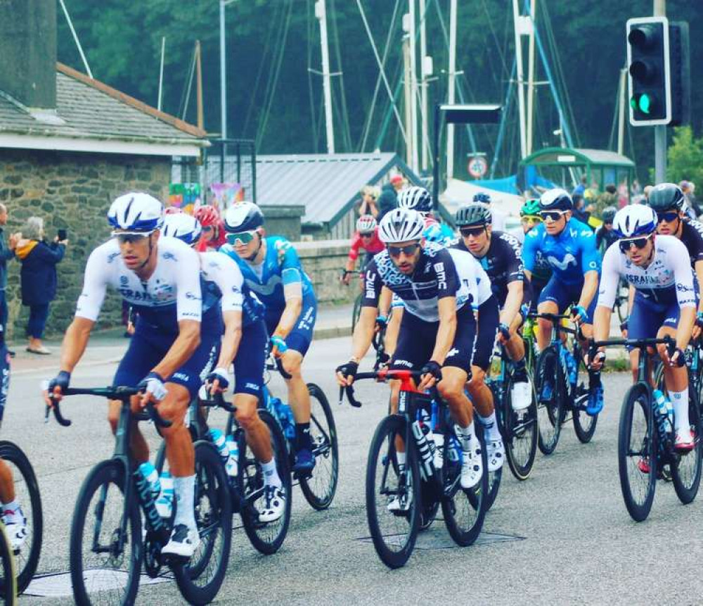 Photo of the cyclists going through Penryn, taken by Christopher Thom.