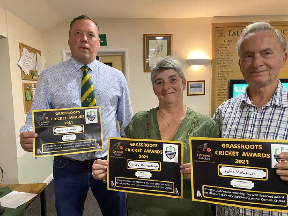 Mark Averiss, Sandy Richardson, and John Molden, collecting their certificates in the Grassroots Cricket Awards.