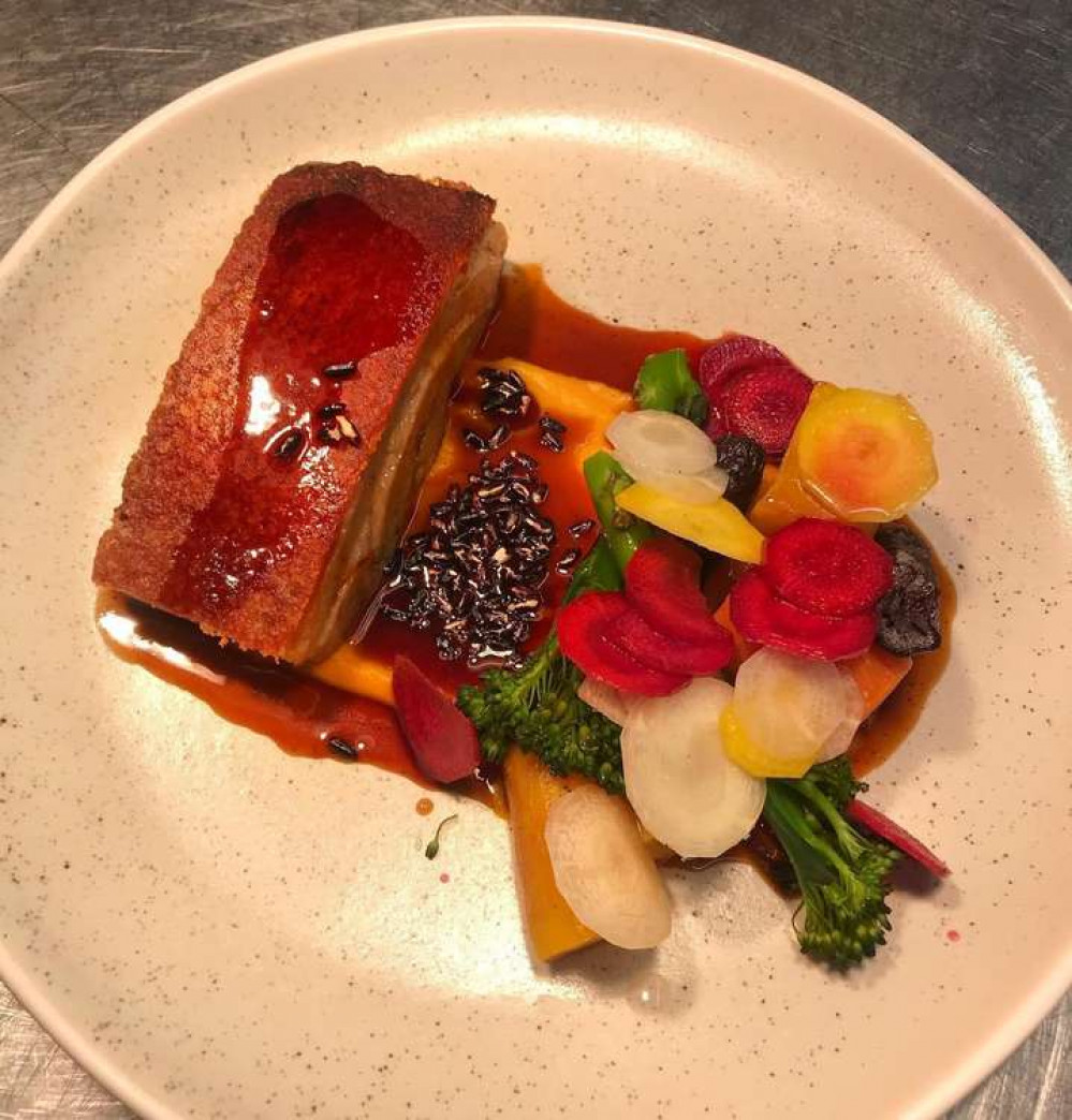 Pork Belly served with ginger and carrot purée, roasted heirloom carrots, pickled carrots and pork jus. Pork Belly served with ginger and carrot purée, roasted heirloom carrots, pickled carrots and pork jus.