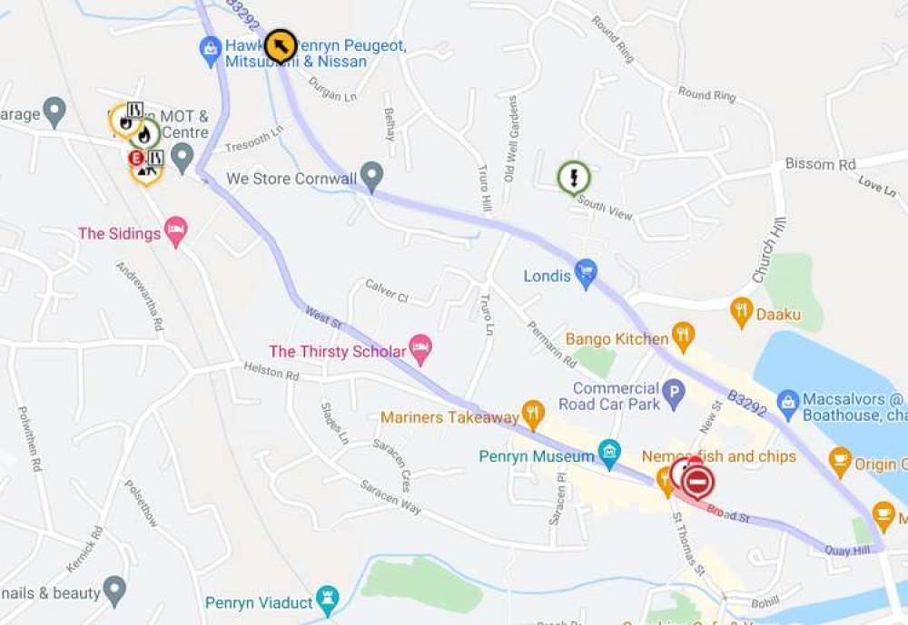 BT undertakes cabling works in Penryn this week. Red shows where the work is happening.