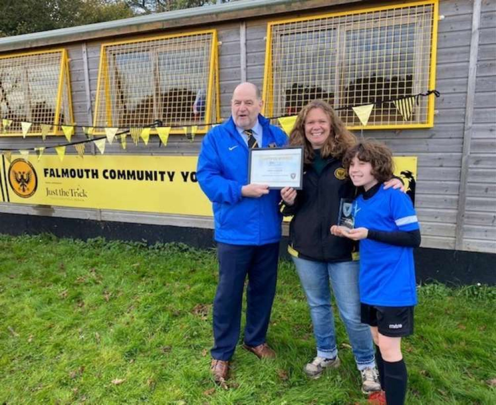 Penny Hodgson being presented with the award by the Cornwall FA. Credit: Cornwall FA.