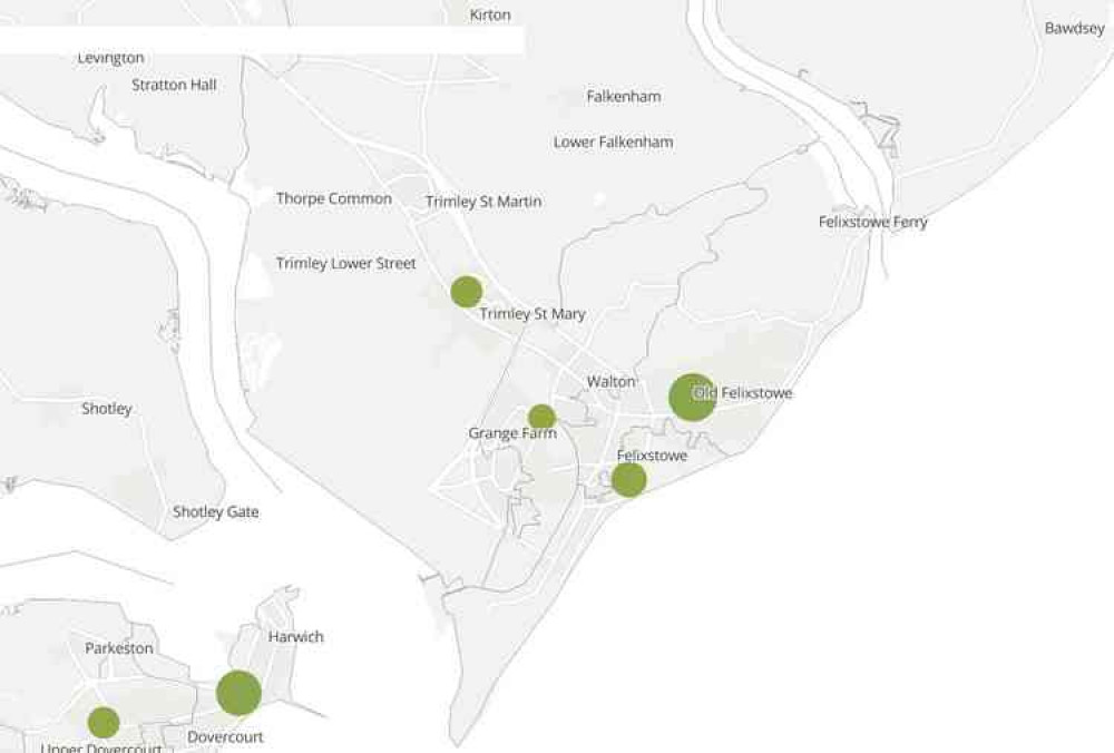 Screenshot of ONS map showing figures for Felixstowe and nearby villages