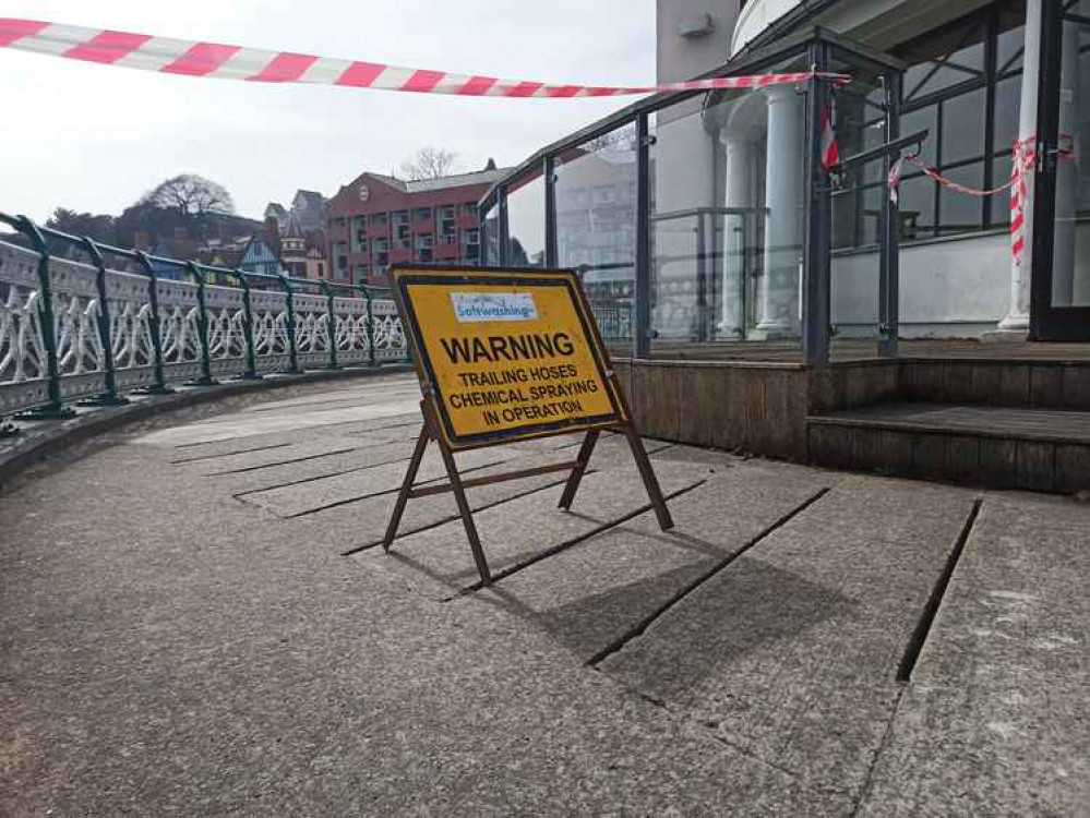 Much of the building's exterior has been pressure washed