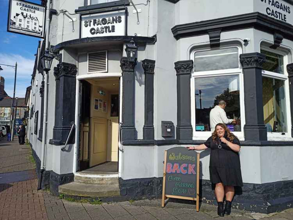 Natasha Rees in front of her fully booked pub on reopening day