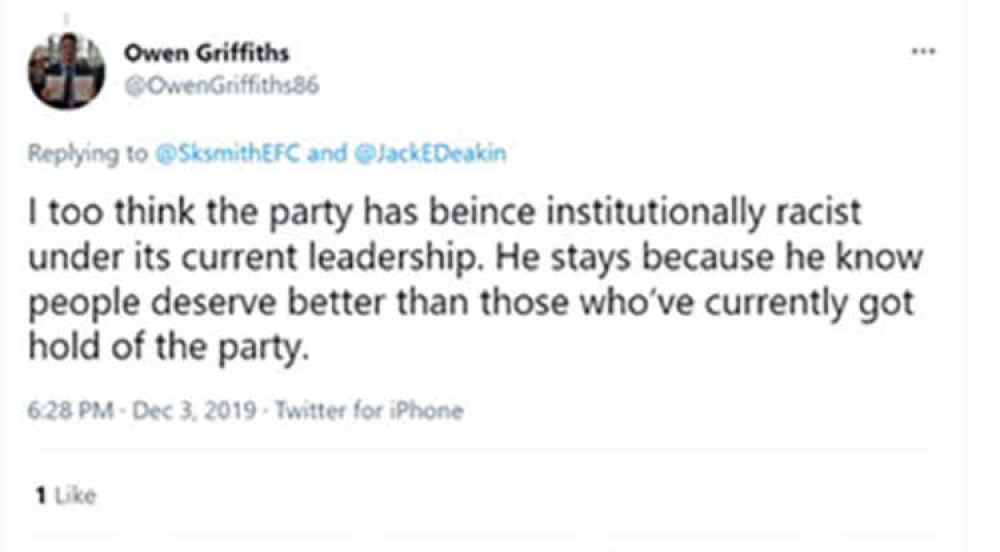 One of Cllr Griffiths' Tweets from the 2019 General Election period