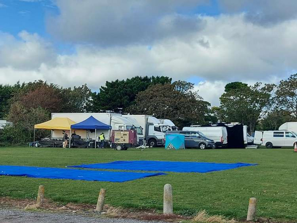 Crew and vehicles were also spotted nearby the cricket ground