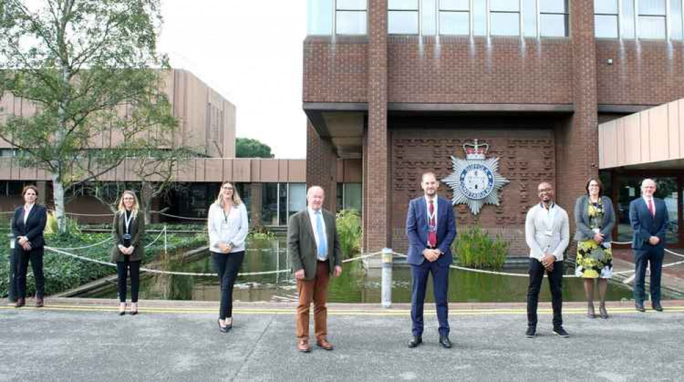 Domestic Abuse Perpetrator Unit (DAPU)   (L-R) Det Ch Insp Nicola Wallace, Briony Moore (DAPU Behaviour Change Caseworker), PC Joanne Naunton, PCC Tim Passmore, Det Ch Supt Eamonn Bridger, David Wattley, (DAPU Behaviour Change Caseworker),  DS Sarah-Jane