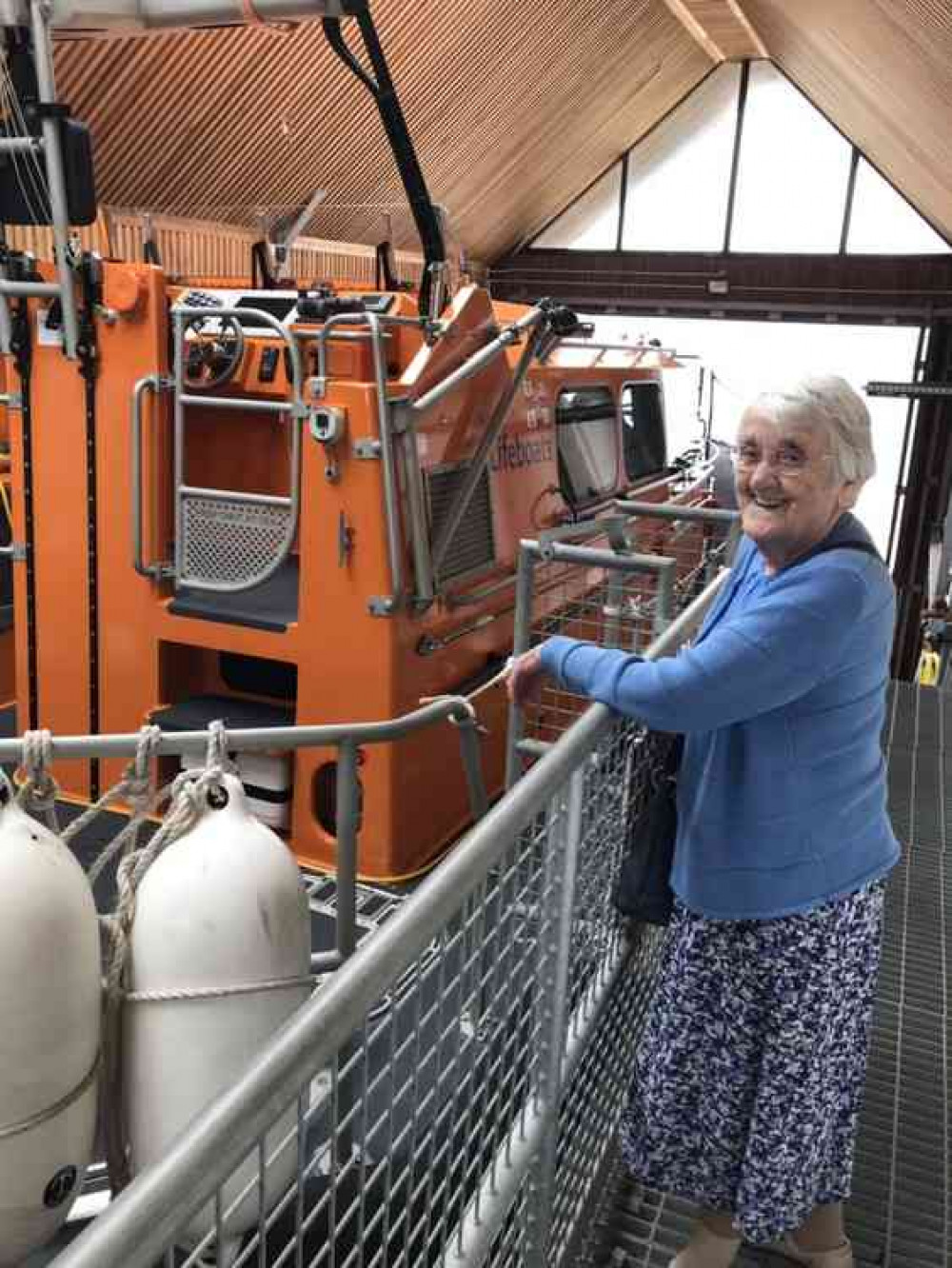 Myrt looks over the All Weather Lifeboat R & J Welburn during her tour Myrt looks over the All Weather Lifeboat R & J Welburn during her tour