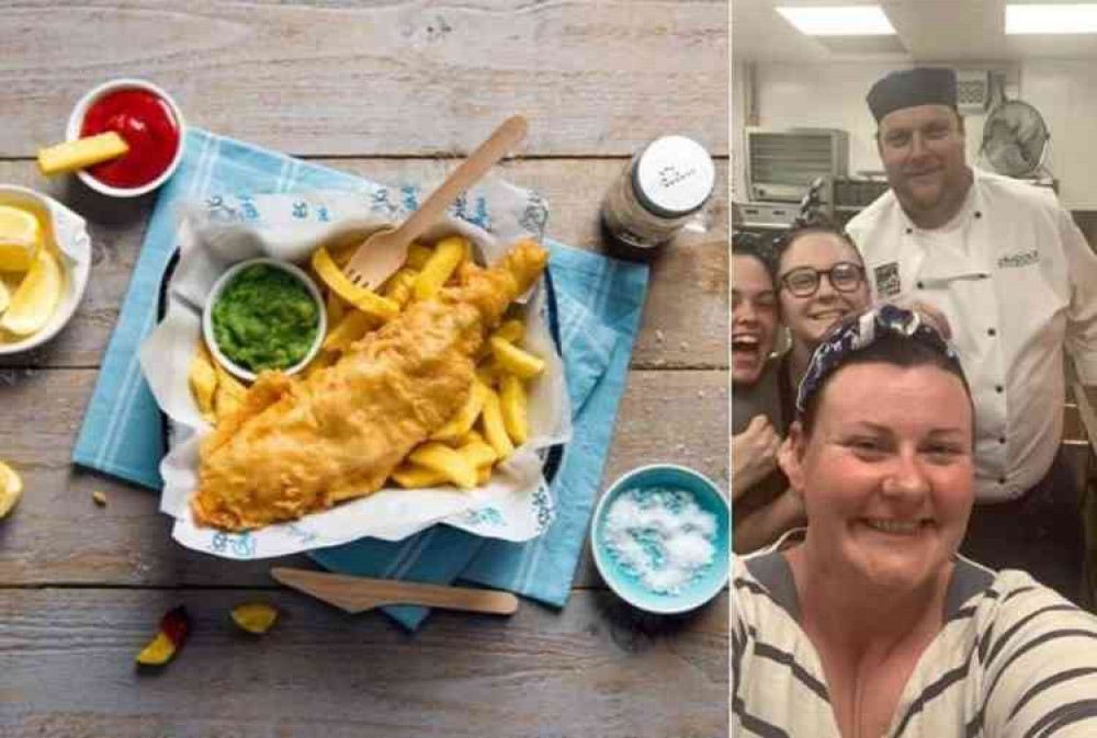 Left: Krispies' award winning fish and chips. Right: Kelly and Tim Barnes with some of their staff.