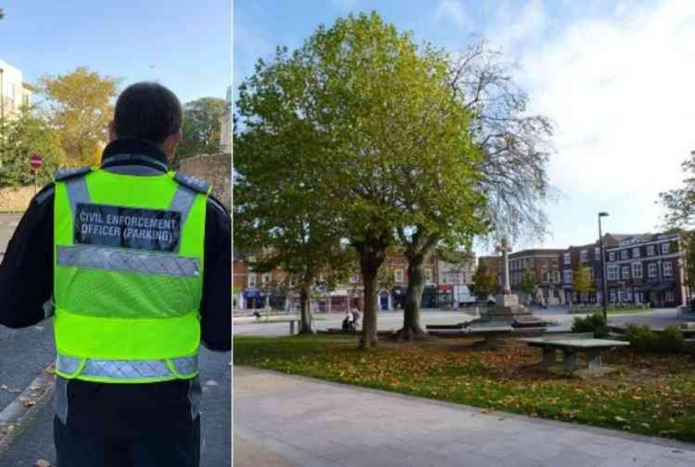 Main image: The Strand in Exmouth. Picture courtesy of Jeff Gogarty. Inset: A Devon County Council Traffic Enforcement Officer.