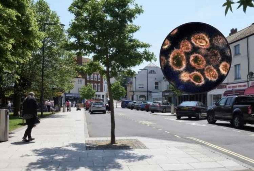 Exmouth Town Centre. Inset: An image captured by a medical microscope of the structure of the Coronavirus. Image courtesy of NIAID-RML.