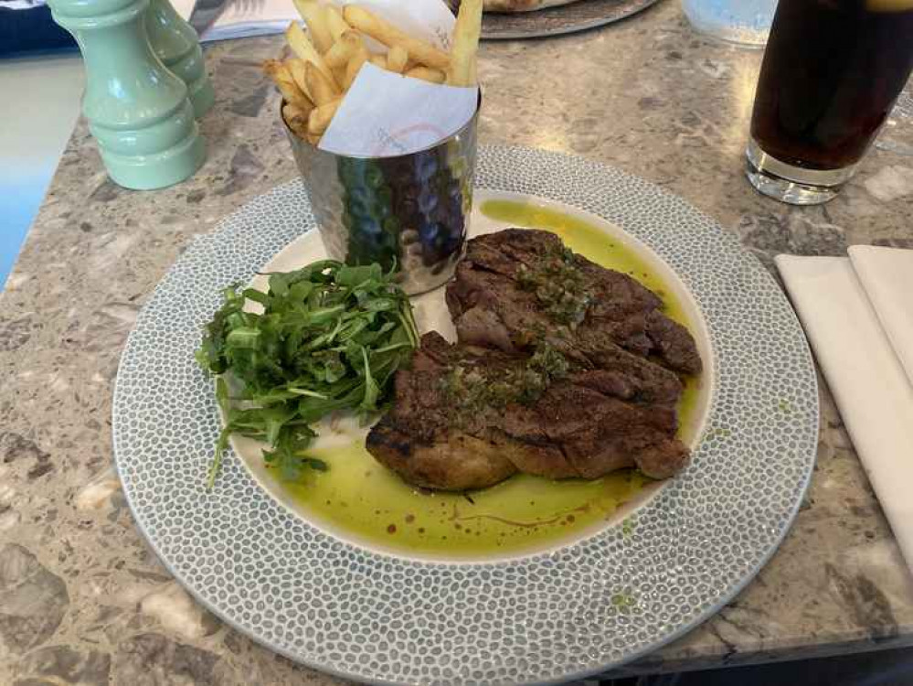 Medium-rare 10oz rump steak, with Argentinian chimichurri