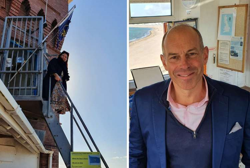 L: Kirstie Allsopp on the stairs outside Coastwatch House. R: Phil Spencer inside while having a tour. Credit: NCI Exmouth L: Kirstie Allsopp on the stairs outside Coastwatch House. R: Phil Spencer inside while having a tour. Credit: NCI Exmouth