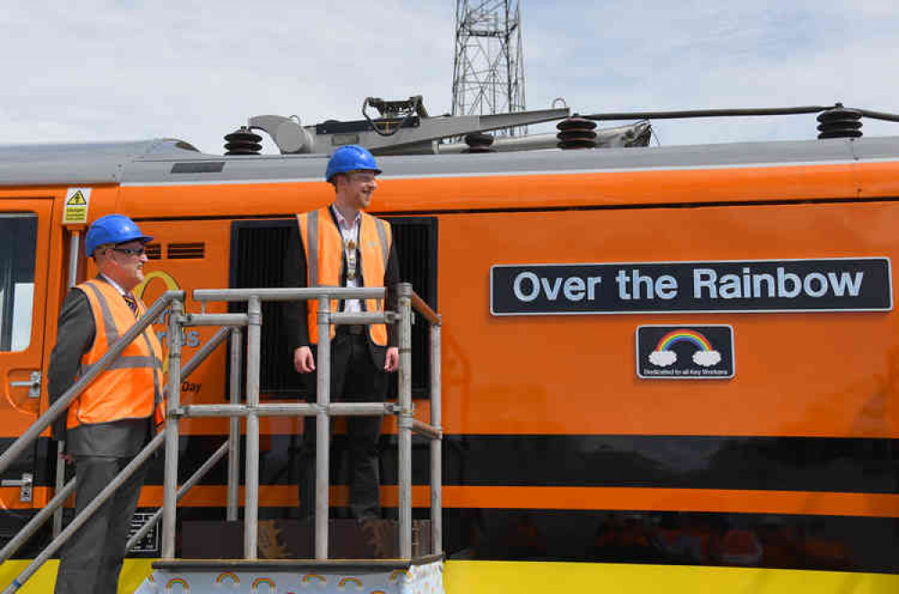 Mayor Cllr Ben Minshall (right) and the loco dedicated to key workers