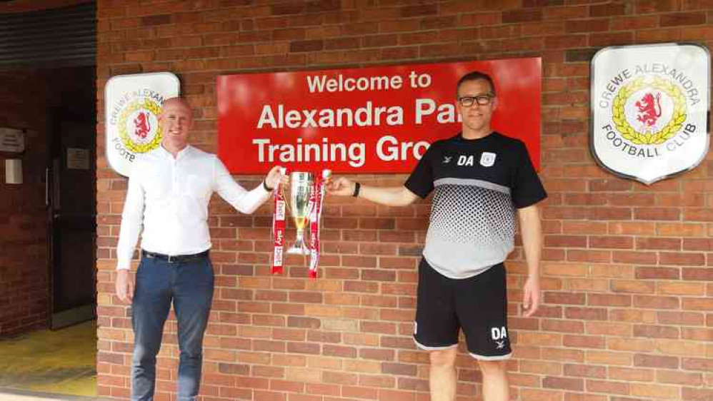 Kieran Mullan with Crewe boss Dave Artell and the League Two Runners-up Trophy.