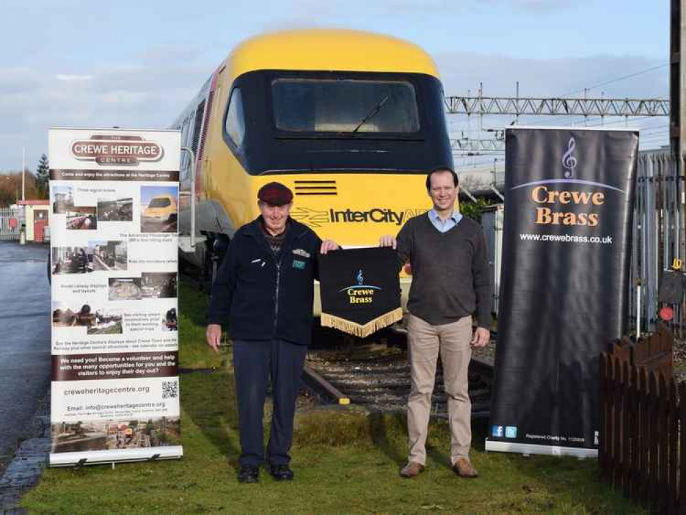 Gordon Heddon, Chairman, Crewe Heritage Centre, and Matt Pithers, Musical Director, Crewe Brass in front of APT at Crewe Heritage Centre Gordon Heddon, Chairman, Crewe Heritage Centre, and Matt Pithers, Musical Director, Crewe Brass in front of APT at Crewe Heritage Centre
