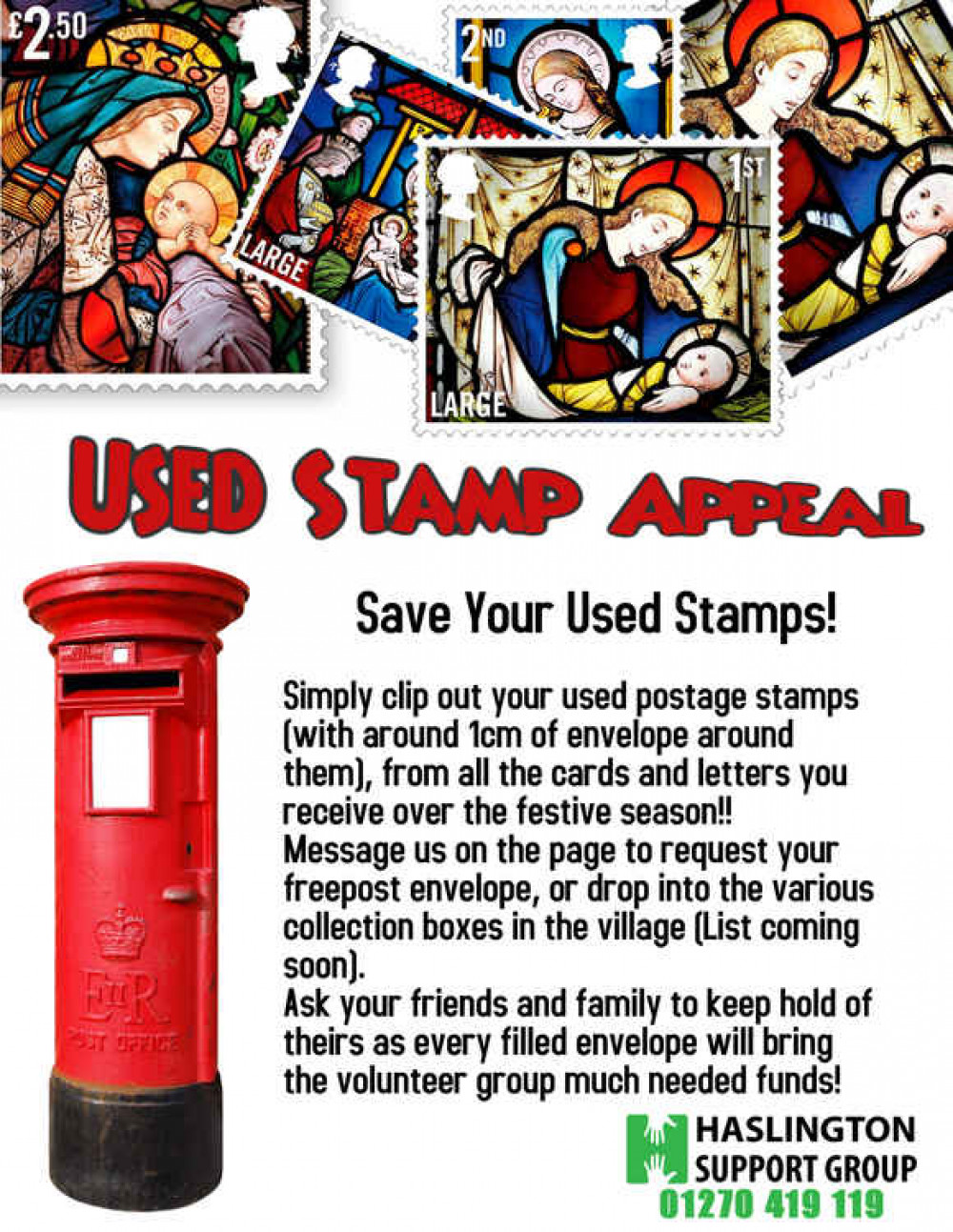 Collect used stamps to donate to Haslington Support Group Collect used stamps to donate to Haslington Support Group