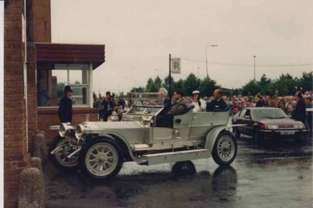 Prince Philip arrives at Rolls Royce with The Queen in July 1987 (Photo: Jonathan White)