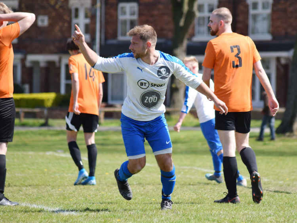 Celebration time for Keiron Jones in the Nantwich Pirates versus C & N Utd clash (Photo: Jonathan White).