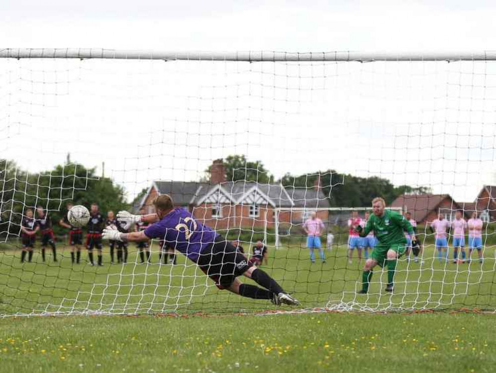 Calm 84 FC Crewe keeper James scores a penalty past the opposition keeper (Image: Jonathan White)