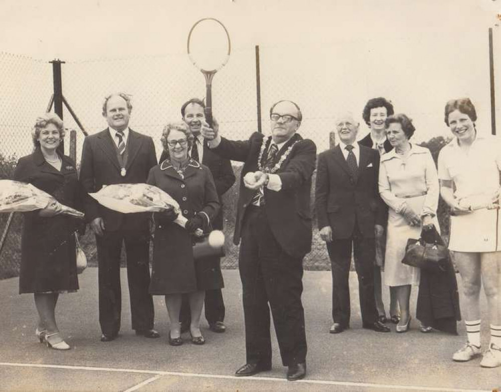 Mayor of Crewe and Nantwich Cllr Cyril Peake opens Wistaston Jubilee Tennis Club in June 1979 with Frank Tew and John White in background (Photo courtesy of Wistaston Jubilee Tennis Club).