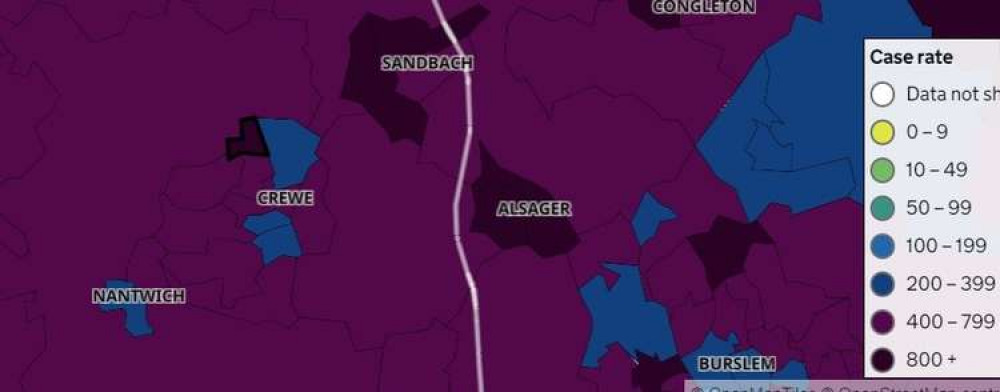 Covid rates (shaded black) are highest in Leighton and in parts of Sandbach and Alsager.