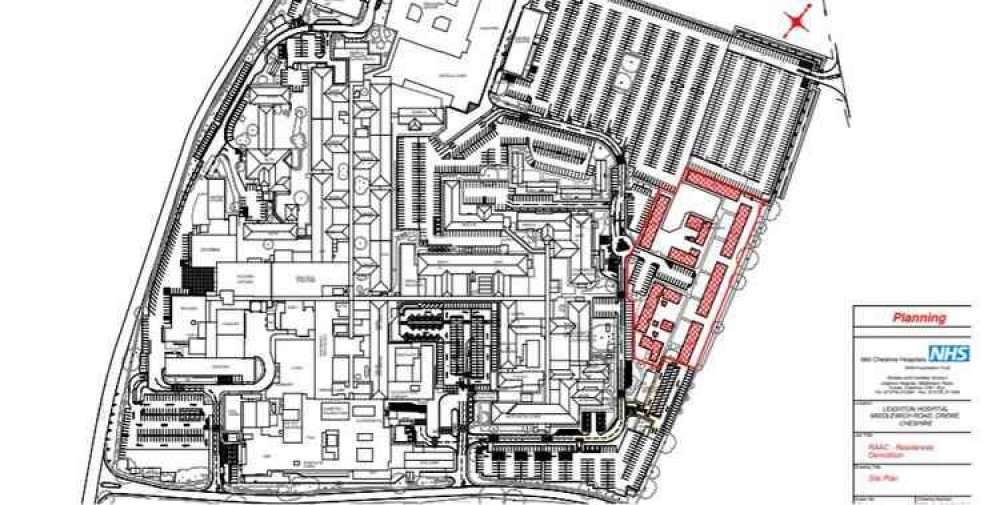 Former nurses' accommodation (highlighted red) is being taken down to make way for the car park.