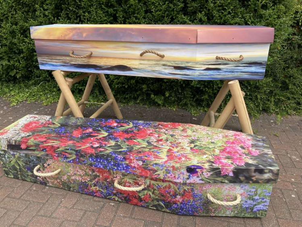 A recycled cardboard coffin comes in many colours and is eco-friendly