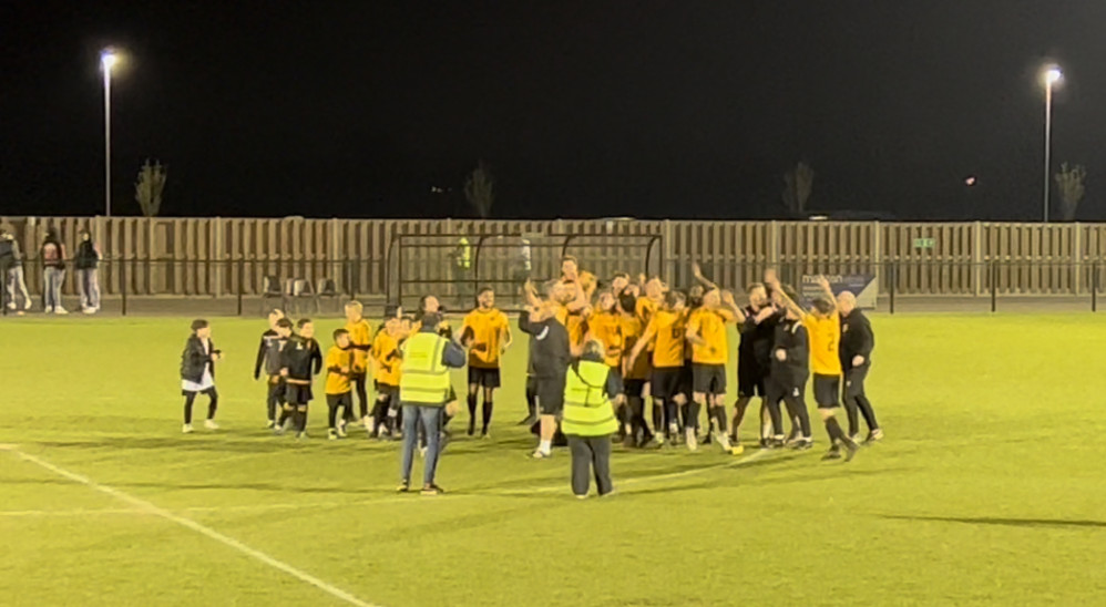 Campeones! Brett Donnelly's super Stotfold celebrate moments after winning the league. CREDIT: @laythy29 Campeones! Brett Donnelly's super Stotfold celebrate moments after winning the league. CREDIT: @laythy29
