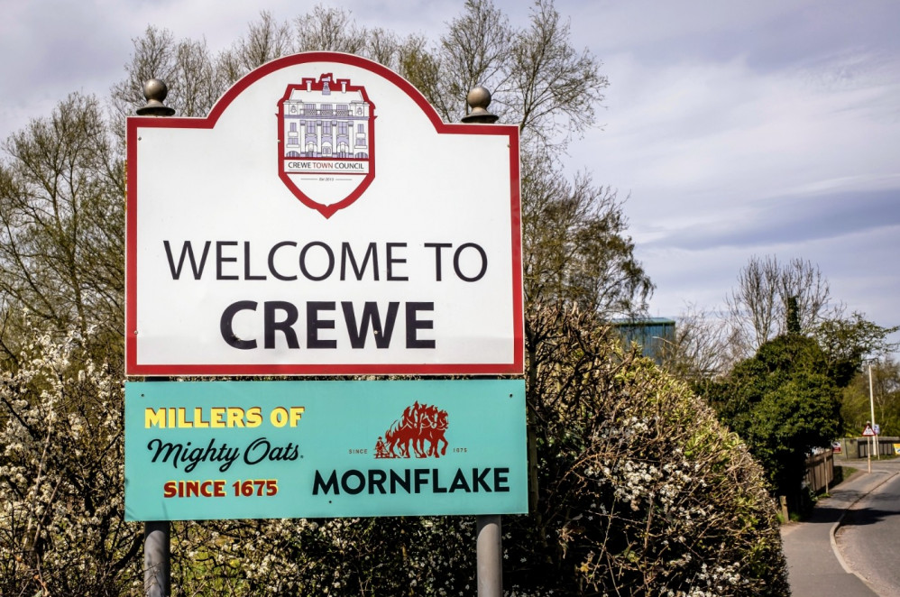 Road sign. Mornflake: Proud to call Crewe home (Jan Roberts).