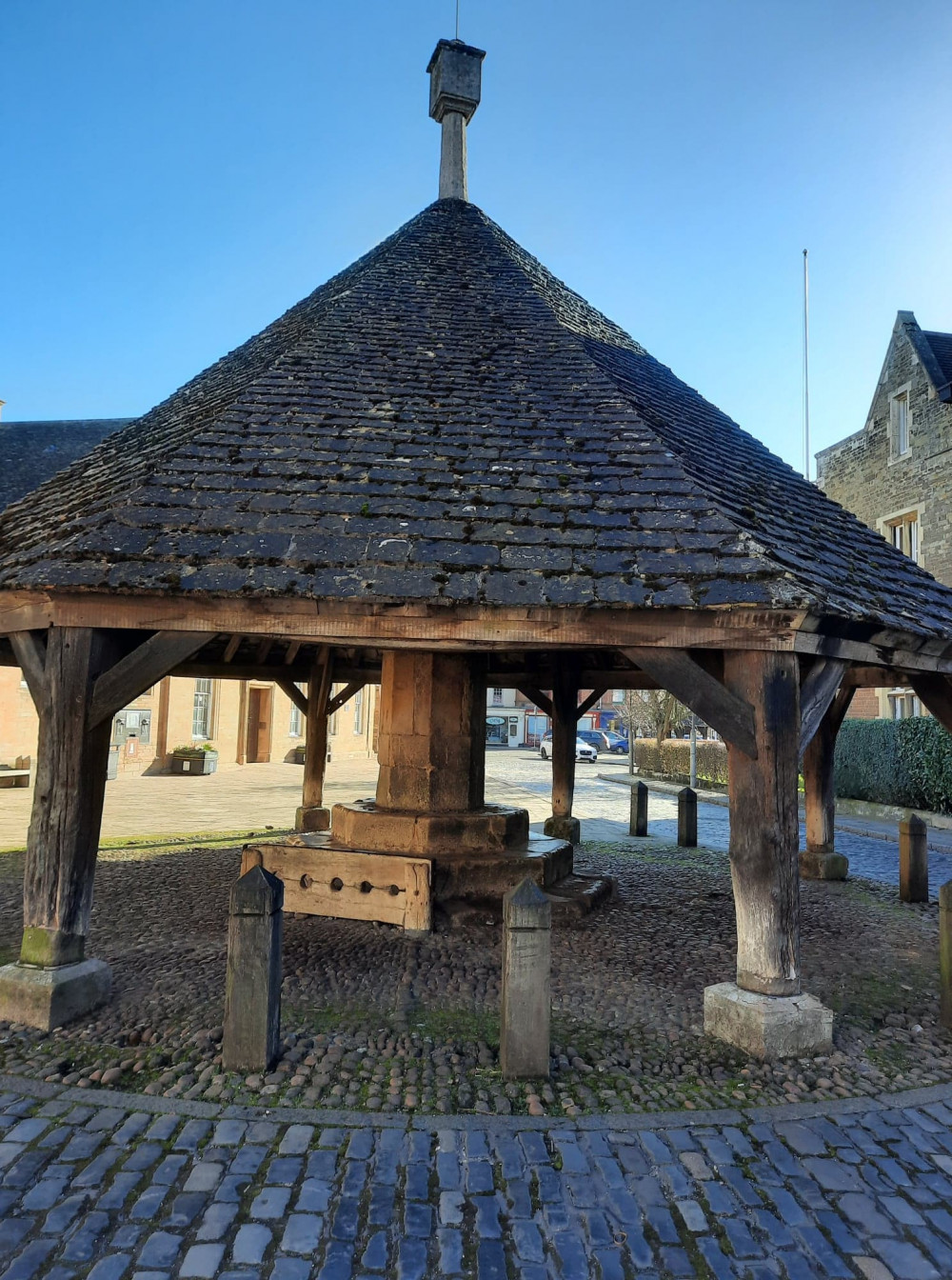 Oakham Buttercross with stocks, where local criminals may have faced punishment as late as the eighteenth century