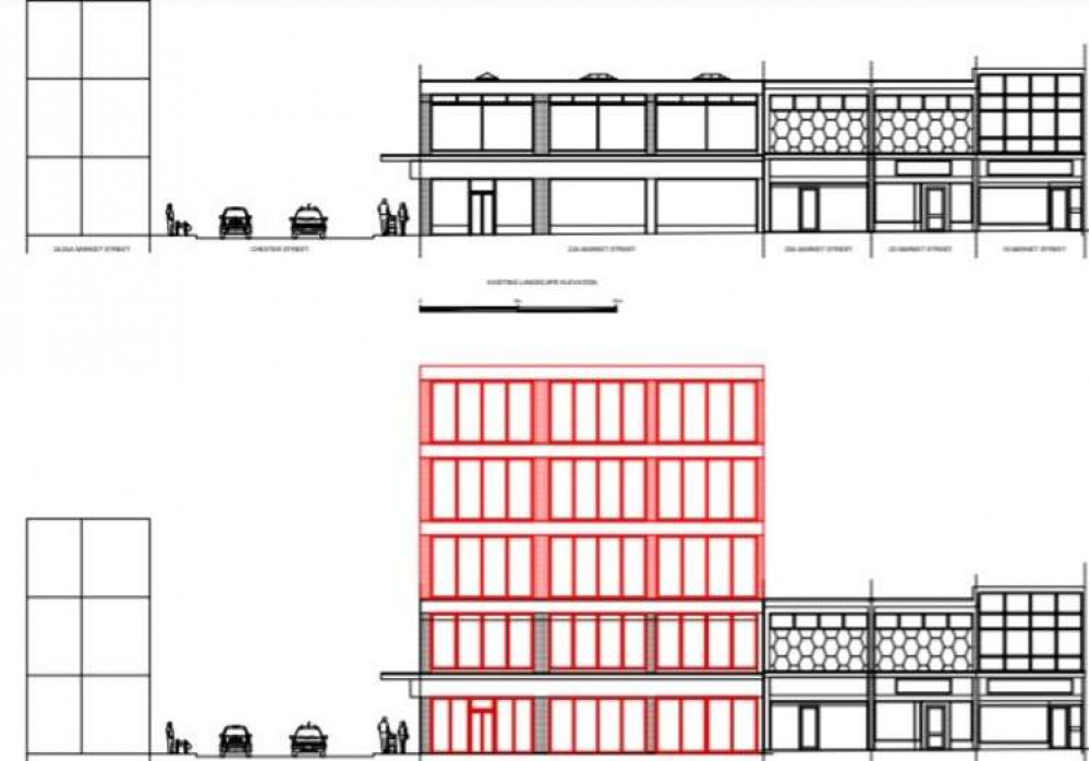 Before and after (below): The proposed medical centre would have towered over existing shops.