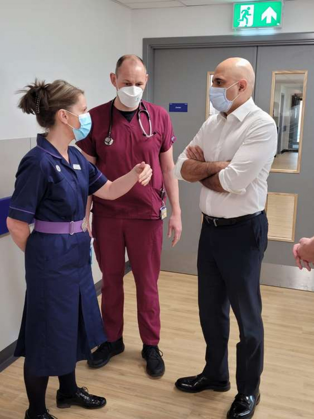 Director of Nursing and Quality Julie Tunney and ED consultant Dr David Matthews with Sajid Javid.