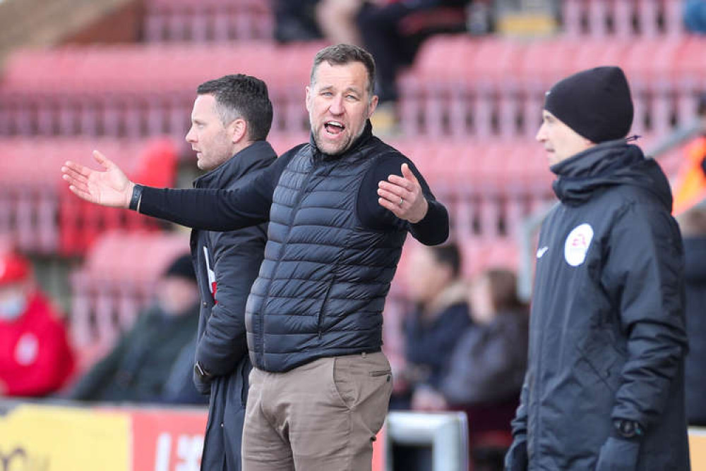 Despair for Alex boss Dave Artell as relegation rivals Fleetwood close out a 3-1 win at the Mornflake Stadium (Picture credit: Kevin Warburton).