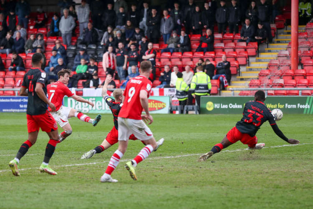 Chris Long lets fly for Crewe's leveller (Picture credit: Kevin Warburton).